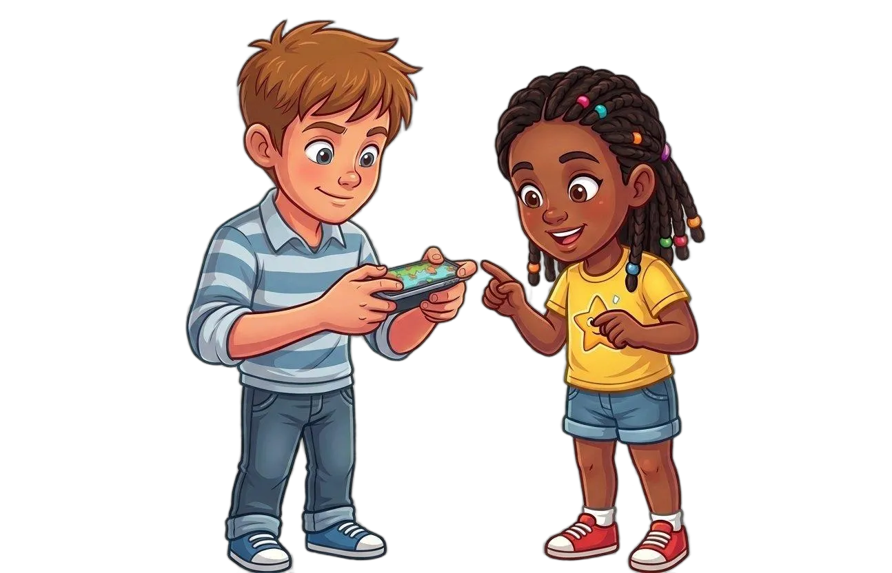 Dos niños compartiendo un móvil